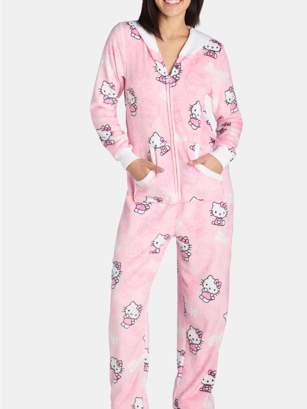 Hello Kitty Pink and White Hooded Fleece Onesie Pajama XS
